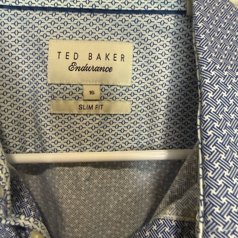 Ted Baker Endurance Slim Fit Dress‎ Shirt Blue Geometric Mens 16 Designer - Picture 2 of 3